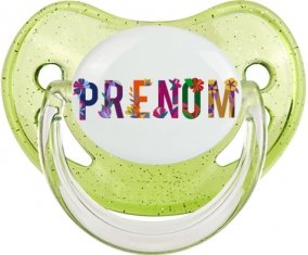 Tétine Prénom ou texte personnalisée alphabet style-47 :Vert à paillette embout physiologique 0/6 mois