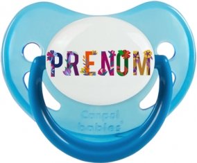 Tétine Prénom ou texte personnalisée alphabet style-47 :Bleue phosphorescente embout physiologique 0/6 mois