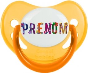 Tétine Prénom ou texte personnalisée alphabet style-47 :Jaune phosphorescente embout physiologique 0/6 mois
