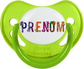 Tétine Prénom ou texte personnalisée alphabet style-47 :Vert phosphorescente embout physiologique 0/6 mois