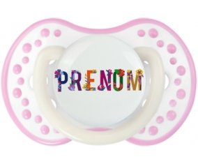 Tétine Prénom ou texte personnalisée alphabet style-47 :Blanc-rose phosphorescente Tétine embout Lovi Dynamic 0/6 mois