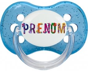 Tétine Prénom ou texte personnalisée alphabet style-47 :Bleu à paillette Tétine embout cerise 0/6 mois