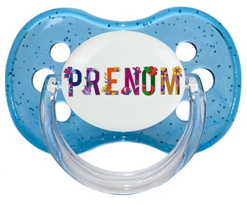 Tétine Prénom ou texte personnalisée alphabet style-47 :Bleu à paillette Tétine embout cerise 0/6 mois