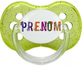 Tétine Prénom ou texte personnalisée alphabet style-47 :Vert à paillette Tétine embout cerise 0/6 mois