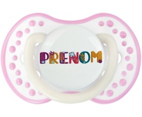 Tétine Prénom ou texte personnalisée alphabet style-48 :Blanc-rose phosphorescente Tétine embout Lovi Dynamic 0/6 mois