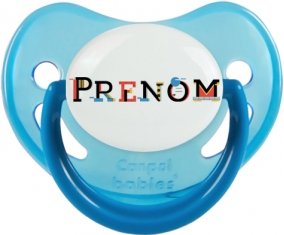 Tétine Prénom ou texte personnalisée alphabet style-49 :Bleue phosphorescente embout physiologique 0/6 mois