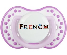 Tétine Prénom ou texte personnalisée alphabet style-49 :Blanc-mauve classique Tétine embout Lovi Dynamic 0/6 mois