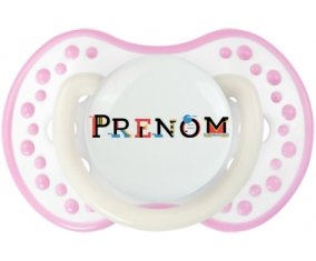 Tétine Prénom ou texte personnalisée alphabet style-49 :Blanc-rose phosphorescente Tétine embout Lovi Dynamic 0/6 mois