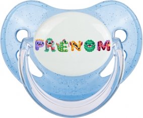 Tétine Prénom ou texte personnalisée alphabet style-51 :Bleue à paillette embout physiologique 0/6 mois