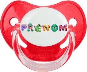 Tétine Prénom ou texte personnalisée alphabet style-51 :Rouge à paillette embout physiologique 0/6 mois