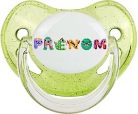 Tétine Prénom ou texte personnalisée alphabet style-51 :Vert à paillette embout physiologique 0/6 mois