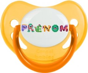 Tétine Prénom ou texte personnalisée alphabet style-51 :Jaune phosphorescente embout physiologique 0/6 mois
