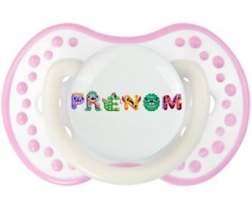 Tétine Prénom ou texte personnalisée alphabet style-51 :Blanc-rose phosphorescente Tétine embout Lovi Dynamic 0/6 mois