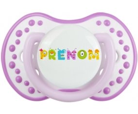 Tétine Prénom ou texte personnalisée alphabet style-52 :Blanc-mauve classique Tétine embout Lovi Dynamic 0/6 mois