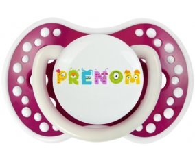 Tétine Prénom ou texte personnalisée alphabet style-52 :Fuchsia phosphorescente Tétine embout Lovi Dynamic 0/6 mois