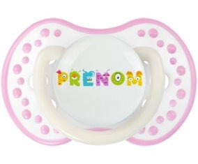 Tétine Prénom ou texte personnalisée alphabet style-52 :Blanc-rose phosphorescente Tétine embout Lovi Dynamic 0/6 mois