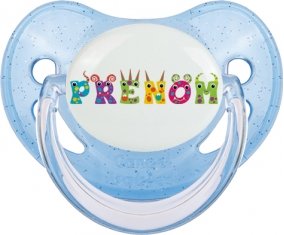 Tétine Prénom ou texte personnalisée alphabet style-53 :Bleue à paillette embout physiologique 0/6 mois