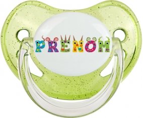 Tétine Prénom ou texte personnalisée alphabet style-53 :Vert à paillette embout physiologique 0/6 mois