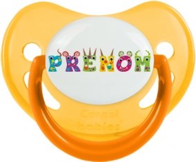 Tétine Prénom ou texte personnalisée alphabet style-53 :Jaune phosphorescente embout physiologique 0/6 mois