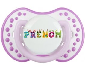 Tétine Prénom ou texte personnalisée alphabet style-53 :Blanc-mauve classique Tétine embout Lovi Dynamic 0/6 mois