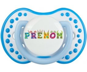 Tétine Prénom ou texte personnalisée alphabet style-53 :Blanc-bleu phosphorescente Tétine embout Lovi Dynamic 0/6 mois