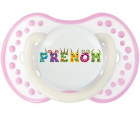 Tétine Prénom ou texte personnalisée alphabet style-53 :Blanc-rose phosphorescente Tétine embout Lovi Dynamic 0/6 mois