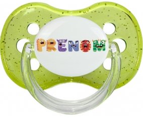 Tétine Prénom ou texte personnalisée alphabet style-54 :Vert à paillette Tétine embout cerise 0/6 mois