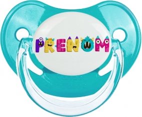 Tétine Prénom ou texte personnalisée alphabet style-55 :Bleue classique embout physiologique 0/6 mois