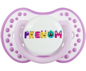 Tétine Prénom ou texte personnalisée alphabet style-55 :Blanc-mauve classique Tétine embout Lovi Dynamic 0/6 mois