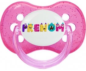 Tétine Prénom ou texte personnalisée alphabet style-55 :Rose à paillette Tétine embout cerise 0/6 mois