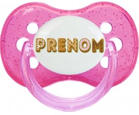 Tétine Prénom ou texte personnalisée alphabet style-57 :Rose à paillette Tétine embout cerise 0/6 mois