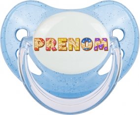 Tétine Prénom ou texte personnalisée alphabet style-58 :Bleue à paillette embout physiologique 0/6 mois