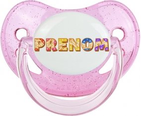 Tétine Prénom ou texte personnalisée alphabet style-58 :Rose à paillette embout physiologique 0/6 mois