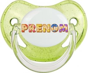 Tétine Prénom ou texte personnalisée alphabet style-58 :Vert à paillette embout physiologique 0/6 mois
