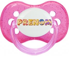 Tétine Prénom ou texte personnalisée alphabet style-58 :Rose à paillette Tétine embout cerise 0/6 mois