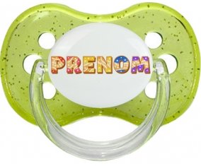 Tétine Prénom ou texte personnalisée alphabet style-58 :Vert à paillette Tétine embout cerise 0/6 mois