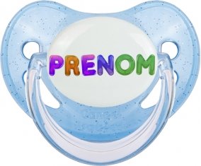 Tétine Prénom ou texte personnalisée alphabet style-59 :Bleue à paillette embout physiologique 0/6 mois