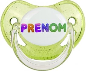 Tétine Prénom ou texte personnalisée alphabet style-59 :Vert à paillette embout physiologique 0/6 mois