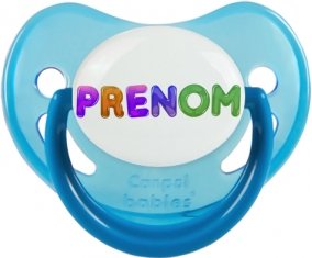 Tétine Prénom ou texte personnalisée alphabet style-59 :Bleue phosphorescente embout physiologique 0/6 mois