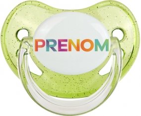 Tétine Prénom ou texte personnalisée alphabet style-61 :Vert à paillette embout physiologique 0/6 mois