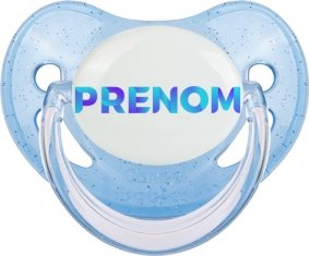 Tétine Prénom ou texte personnalisée alphabet style-62 :Bleue à paillette embout physiologique 0/6 mois