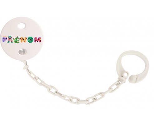Attache-tétine Prénom ou texte personnalisée alphabet style-51 couleur Blanc