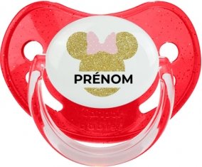 Disney Minnie Oreilles dorées Nœud rose avec prénom : Rouge à paillette Tétine embout physiologique