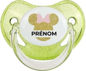 Disney Minnie Oreilles dorées Nœud rose avec prénom : Vert à paillette Tétine embout physiologique