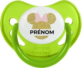 Disney Minnie Oreilles dorées Nœud rose avec prénom : Vert phosphorescente Tétine embout physiologique