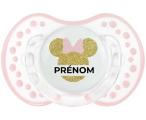 Disney Minnie Oreilles dorées Nœud rose avec prénom : Retro-blanc-rose-tendre classique Tétine embout Lovi Dynamic