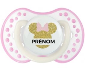 Disney Minnie Oreilles dorées Nœud rose avec prénom : Blanc-rose phosphorescente Tétine embout Lovi Dynamic
