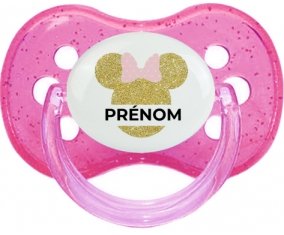 Disney Minnie Oreilles dorées Nœud rose avec prénom : Rose à paillette Tétine embout cerise