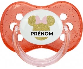 Disney Minnie Oreilles dorées Nœud rose avec prénom : Rouge à paillette Tétine embout cerise