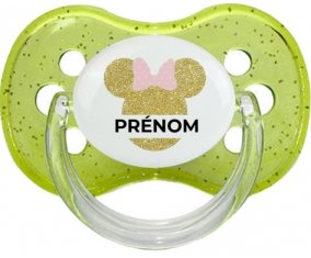 Disney Minnie Oreilles dorées Nœud rose avec prénom : Vert à paillette Tétine embout cerise